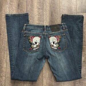 Ed Hardy by Christian Audigier Embroidered Skull and Rose Denim Pants
